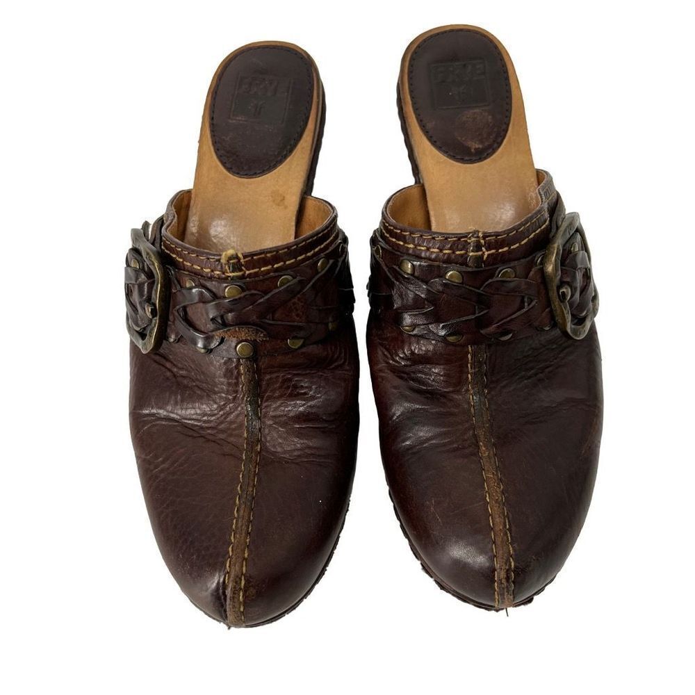 Frye Candice Woven Harness Brown Leather Mule Clogs